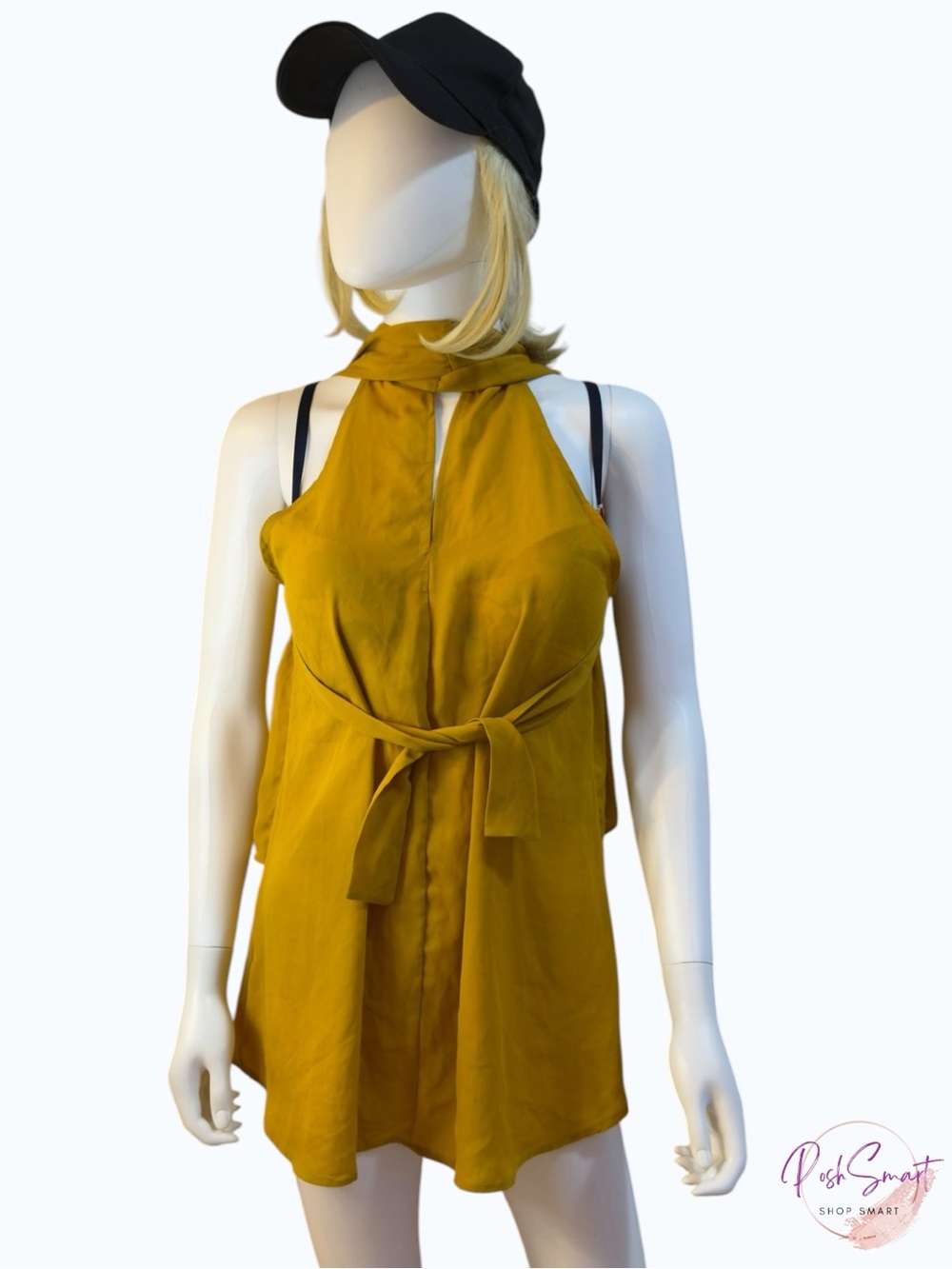 Sweet Pea by Stacy Frati NY&Co Halter Neck Tie Waist Mini Dress Mustard | Size M